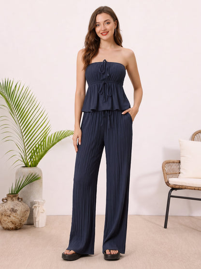 2 Pieces Vacation Style Matching Set Strapless Ruffled Cropped Top and Wide-Leg Pants