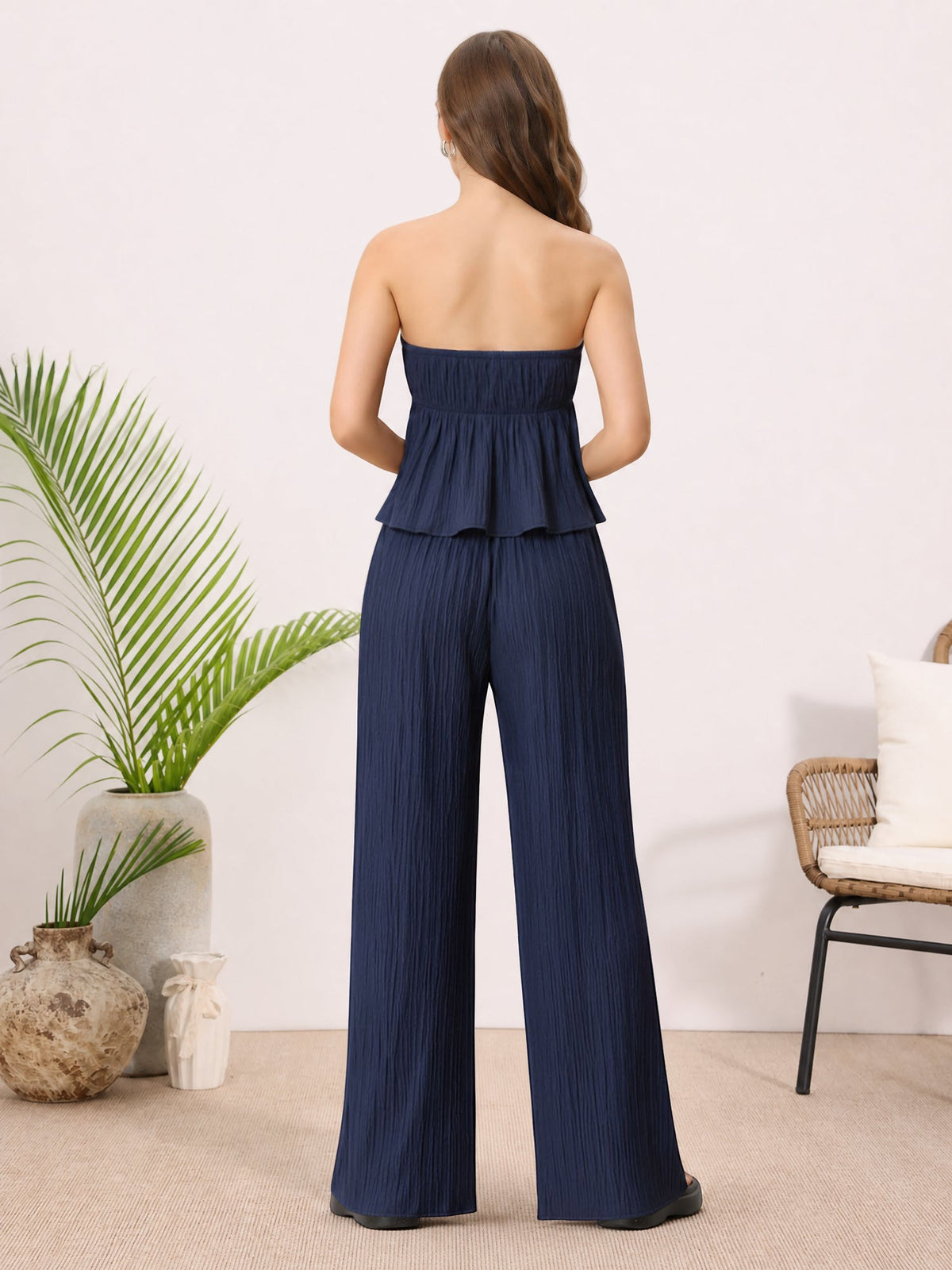 2 Pieces Vacation Style Matching Set Strapless Ruffled Cropped Top and Wide-Leg Pants