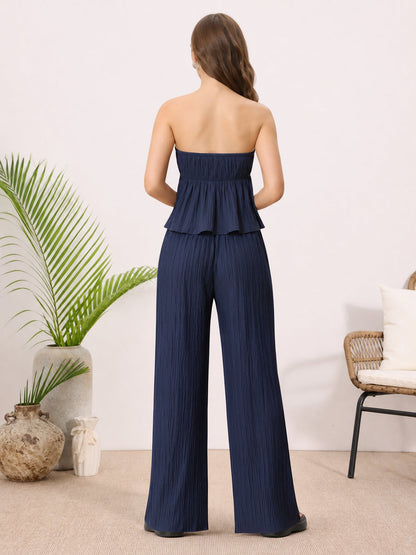 2 Pieces Vacation Style Matching Set Strapless Ruffled Cropped Top and Wide-Leg Pants