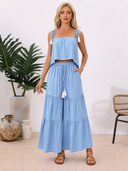 2 Pieces Spaghetti Straps Cropped Top & Tiered Wide Legs Pants Matching Set