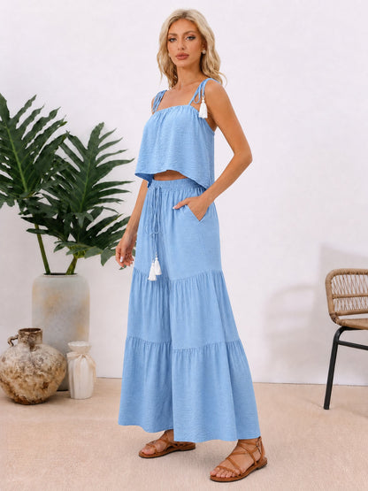 2 Pieces Spaghetti Straps Cropped Top & Tiered Wide Legs Pants Matching Set