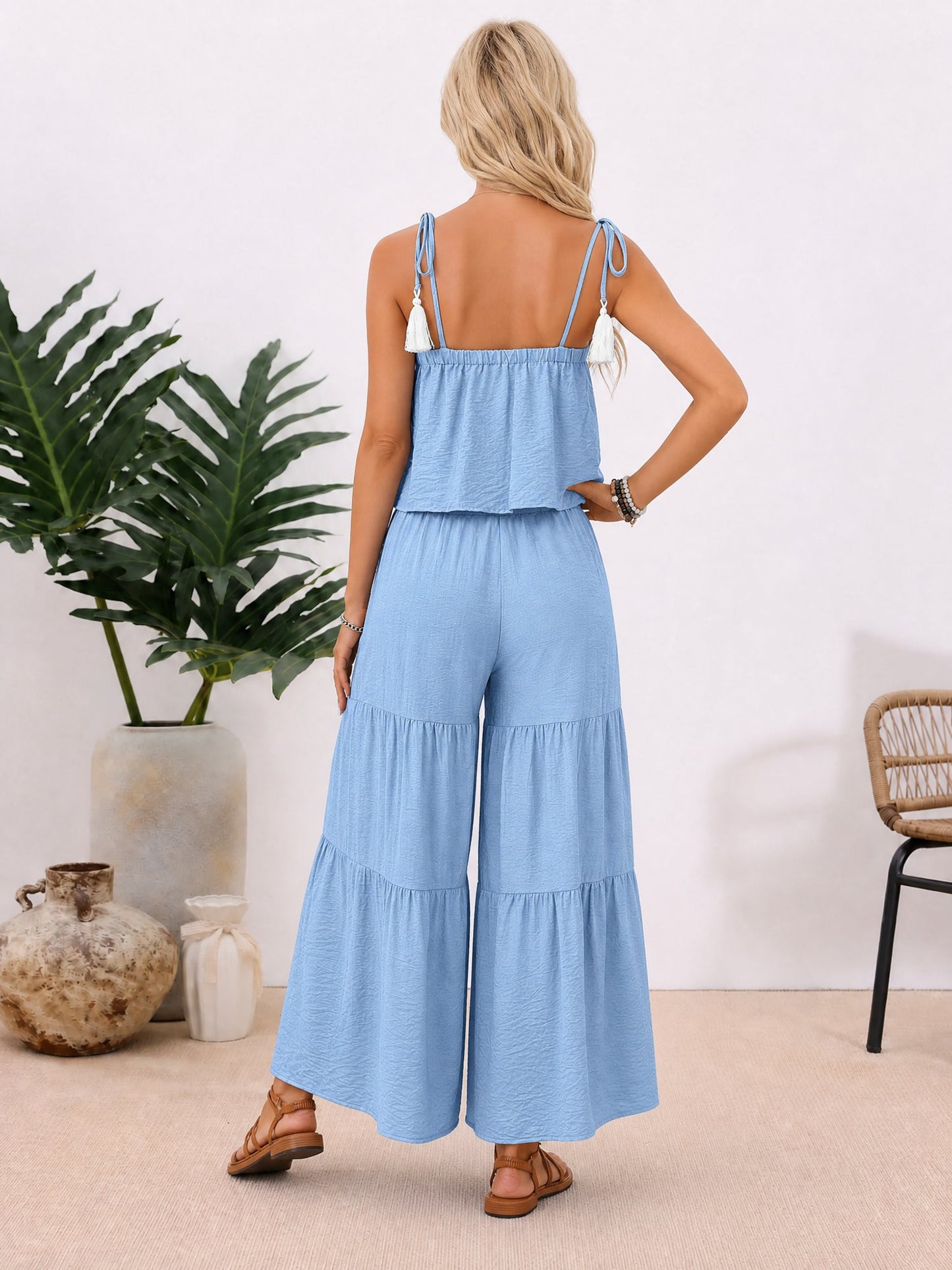 2 Pieces Spaghetti Straps Cropped Top & Tiered Wide Legs Pants Matching Set