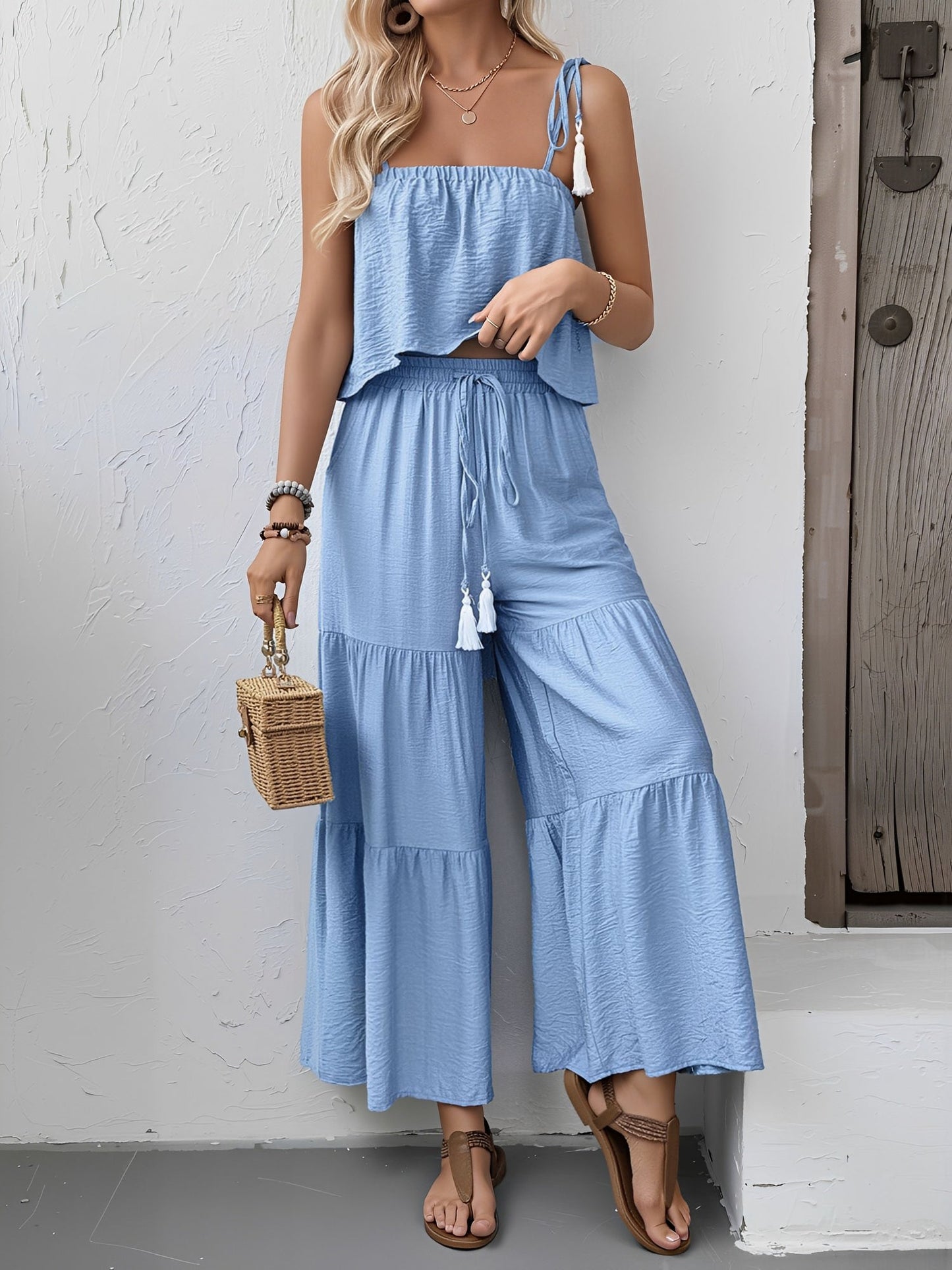 2 Pieces Spaghetti Straps Cropped Top & Tiered Wide Legs Pants Matching Set