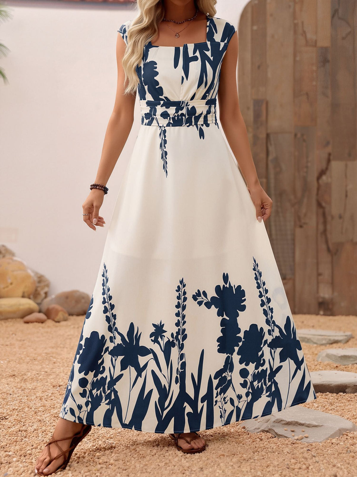 Floral Cap Sleeves Square Neck A-Line Maxi Dress