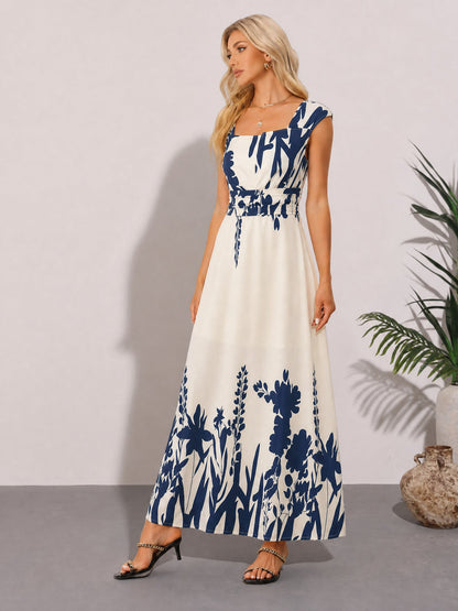 Floral Cap Sleeves Square Neck A-Line Maxi Dress