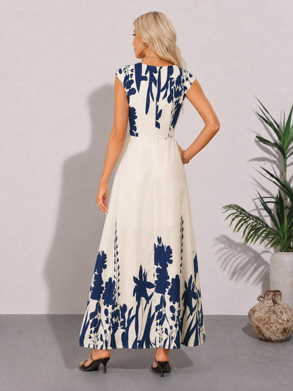 Floral Cap Sleeves Square Neck A-Line Maxi Dress