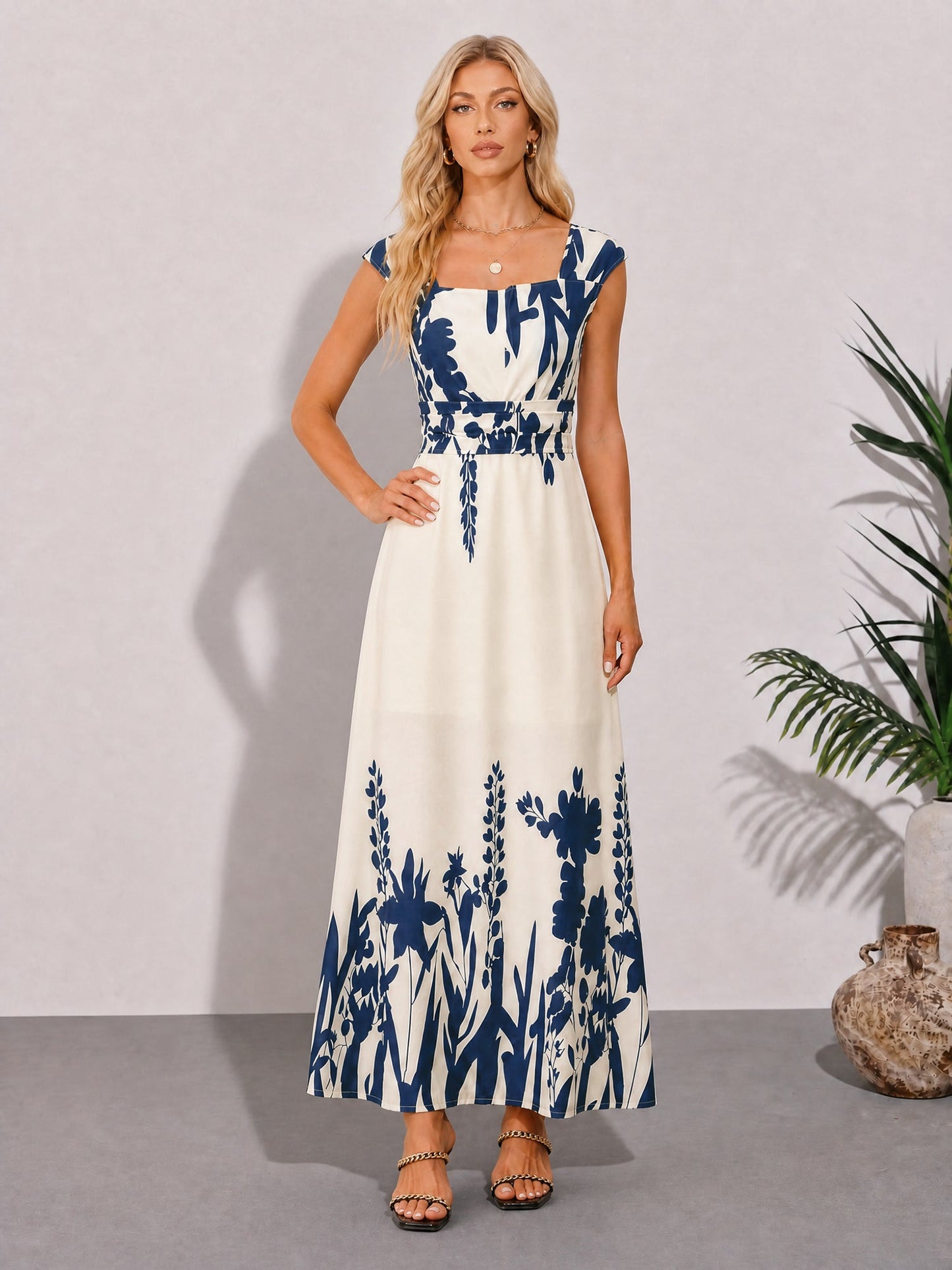 Floral Cap Sleeves Square Neck A-Line Maxi Dress