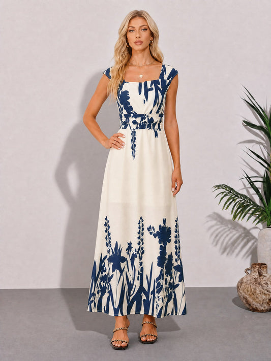 Floral Cap Sleeves Square Neck A-Line Maxi Dress
