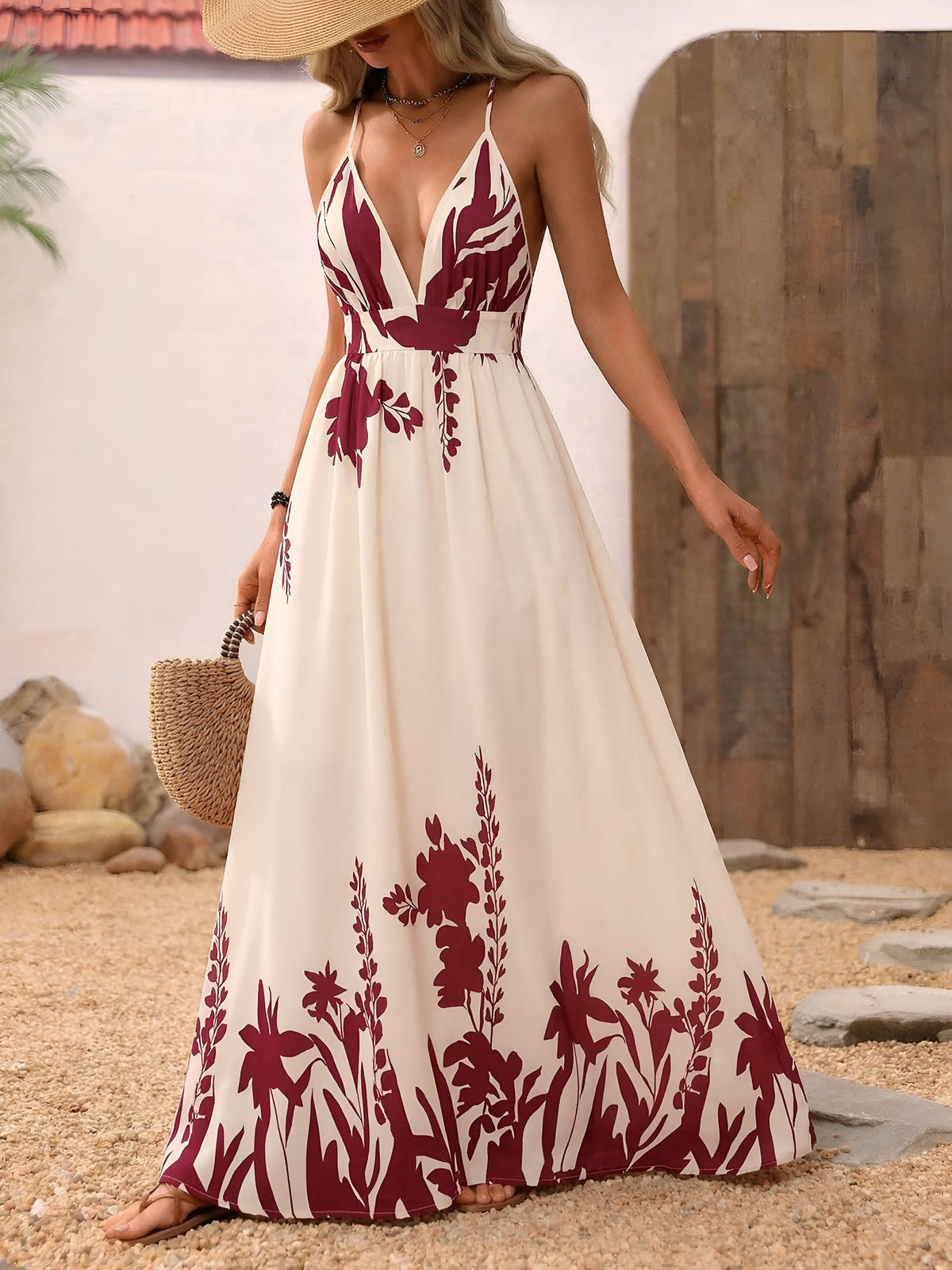 Floral Spaghetti Strap Deep V Neck Backless Resort Dress