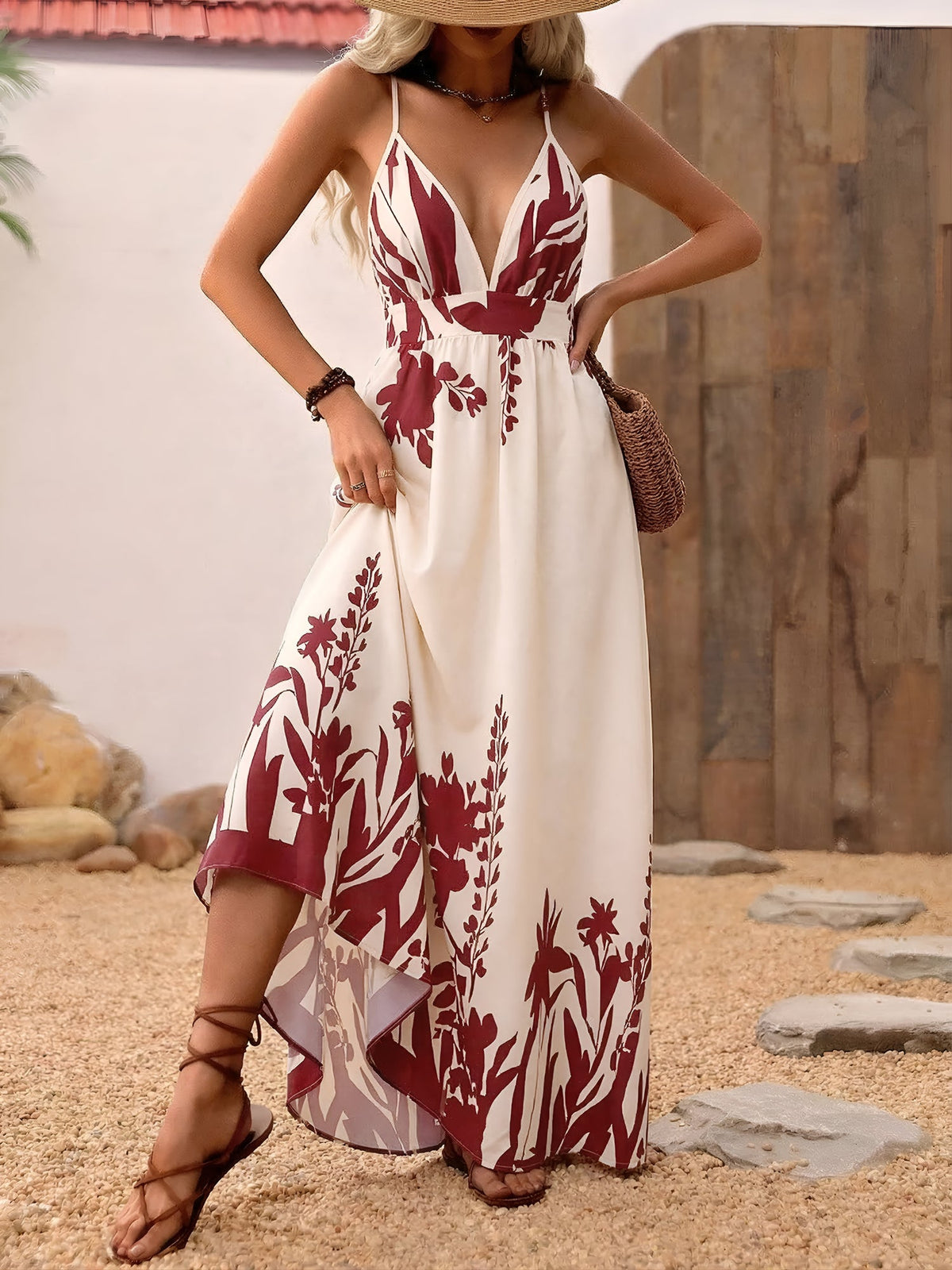 Floral Spaghetti Strap Deep V Neck Backless Resort Dress