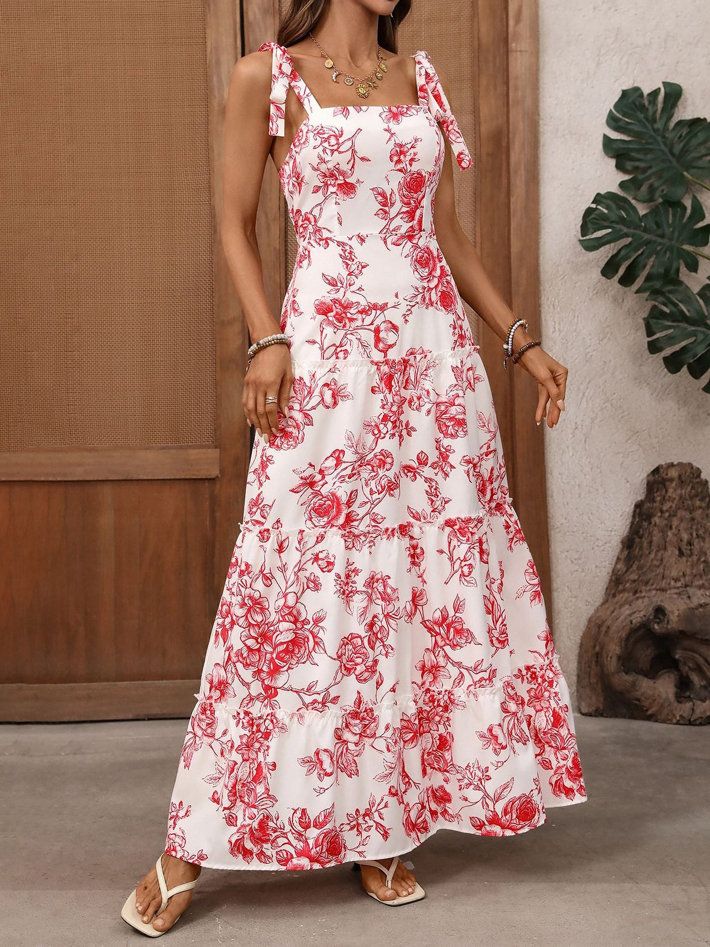 Lace-Up Straps Floral Sleeveless Tiered Maxi Dress