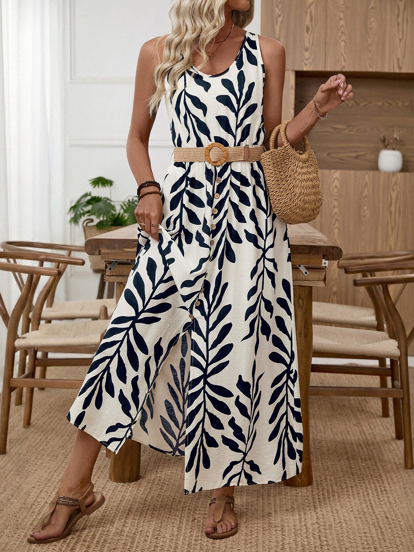 Floral Sleeveless Belted Button Decor Slit Dress