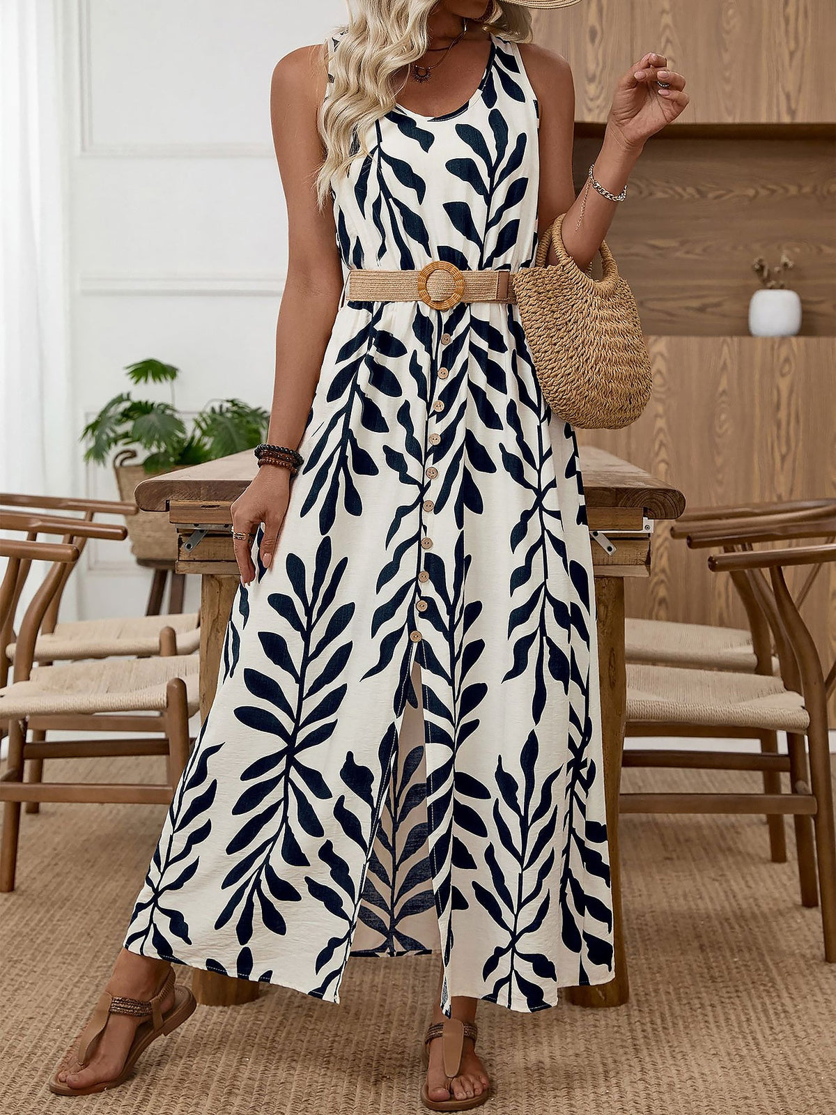 Floral Sleeveless Belted Button Decor Slit Dress