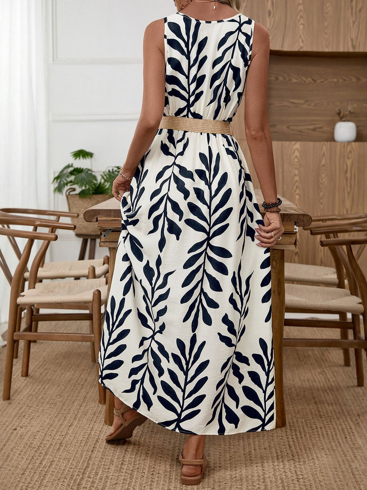 Floral Sleeveless Belted Button Decor Slit Dress