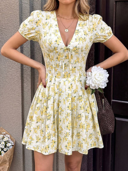 Floral V Neck Puff Sleeves Pleated Mini A-Line Dress