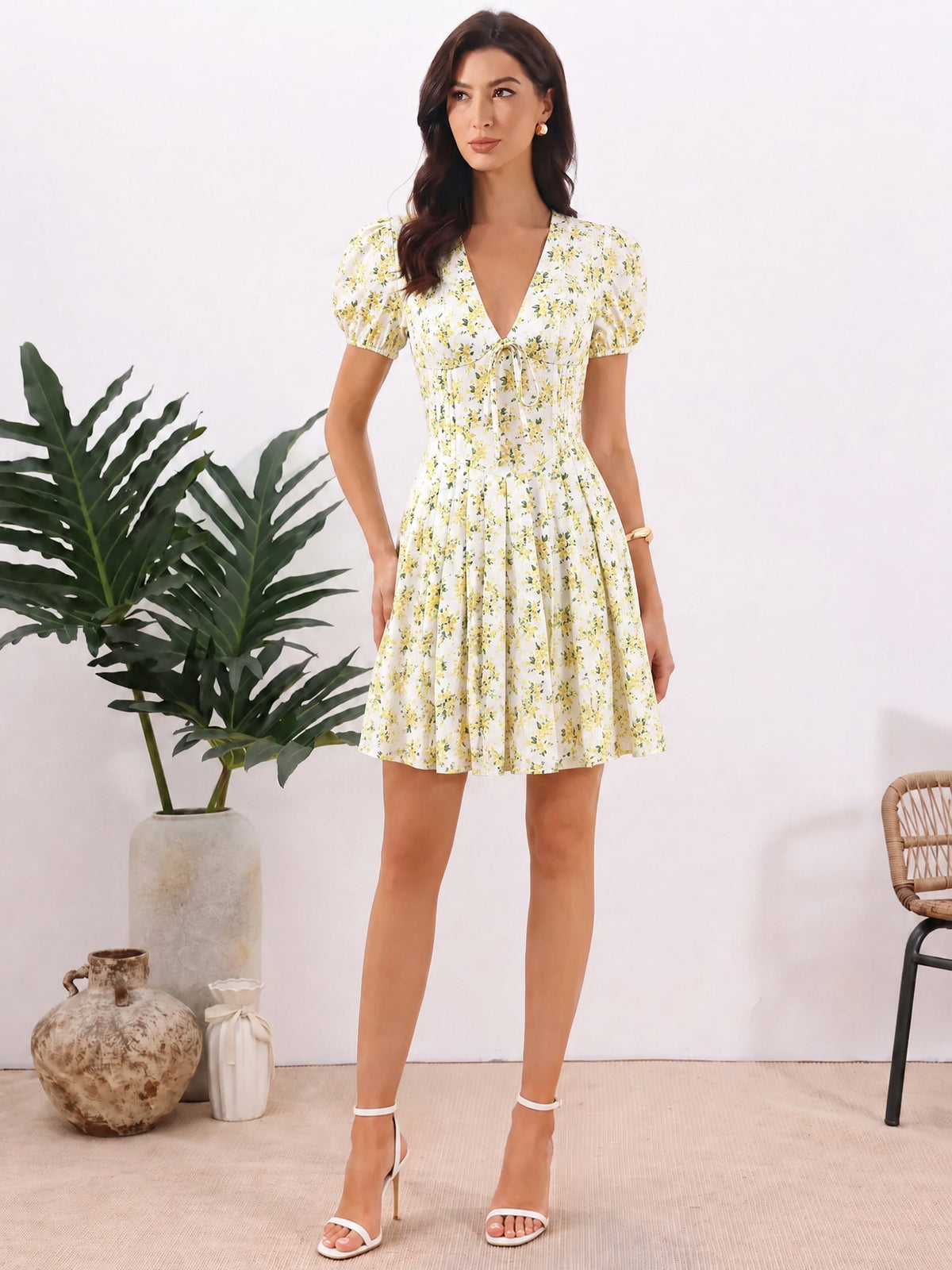 Floral V Neck Puff Sleeves Pleated Mini A-Line Dress