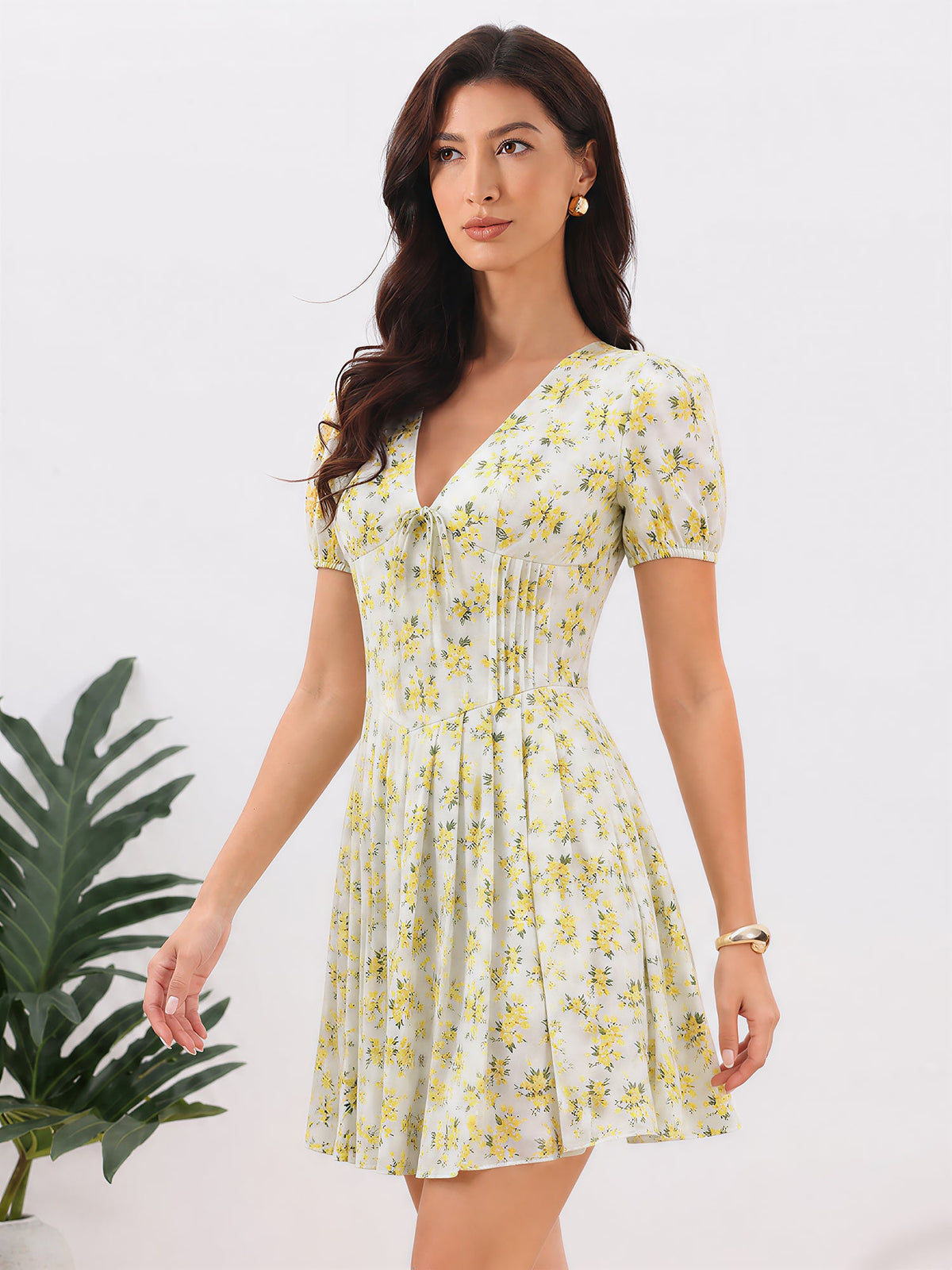 Floral V Neck Puff Sleeves Pleated Mini A-Line Dress