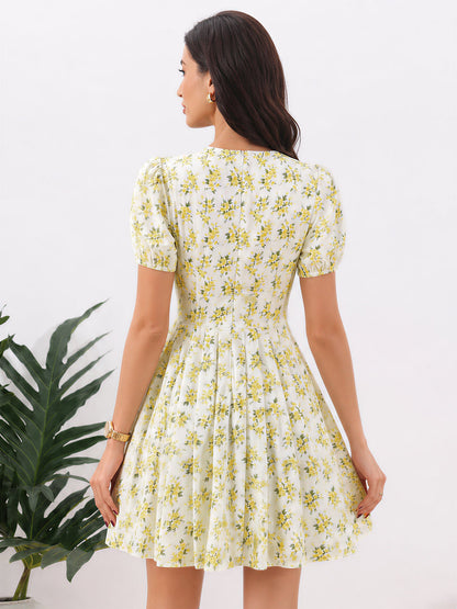 Floral V Neck Puff Sleeves Pleated Mini A-Line Dress
