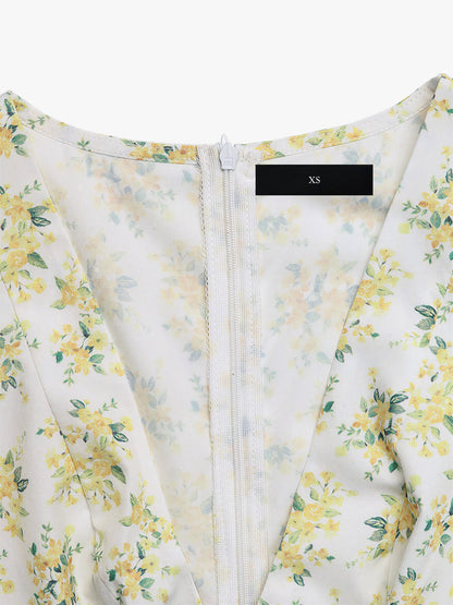 Floral V Neck Puff Sleeves Pleated Mini A-Line Dress