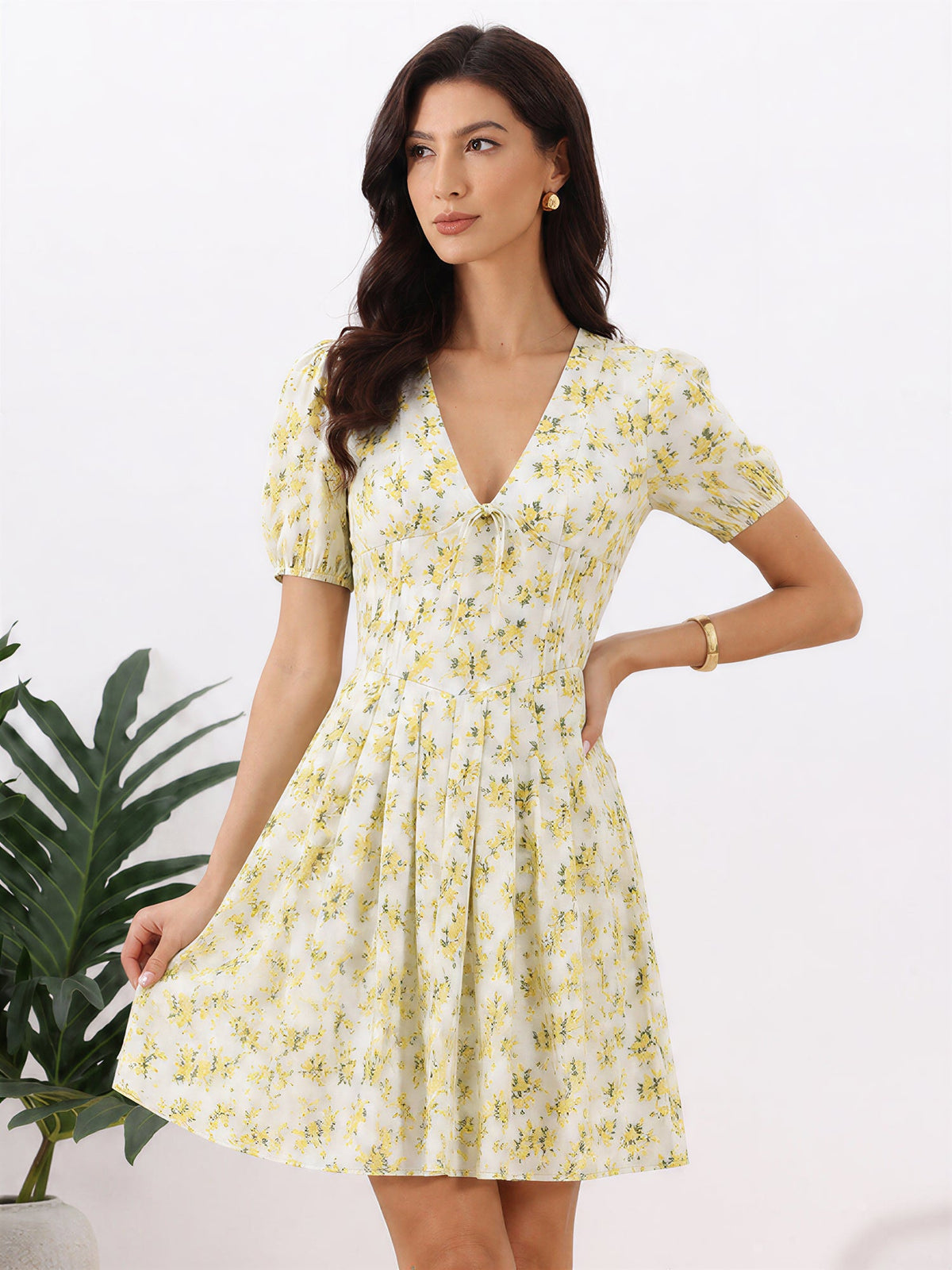 Floral V Neck Puff Sleeves Pleated Mini A-Line Dress