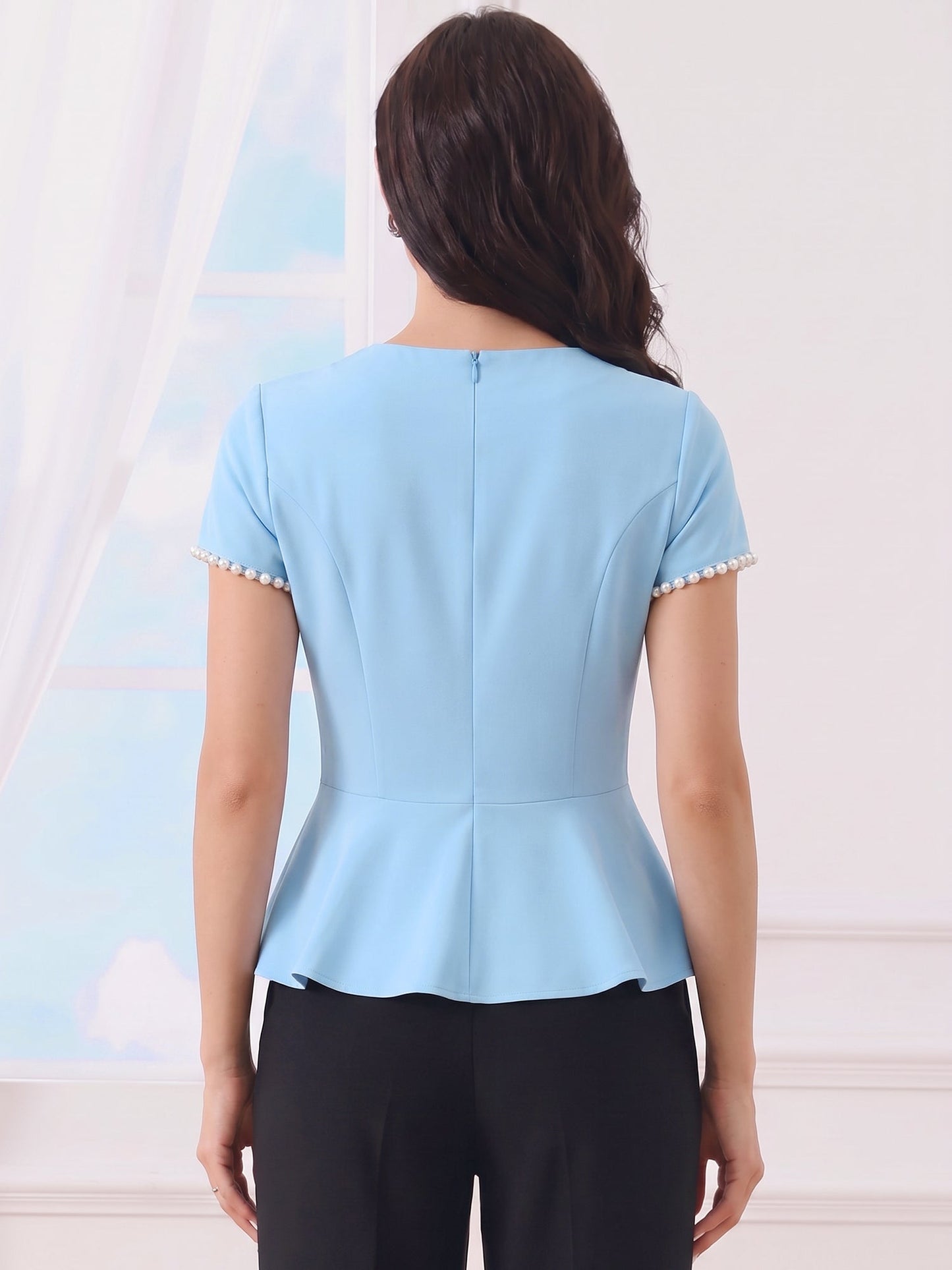 Faux Pearl Decor Cap Sleeves Peplum Blouse