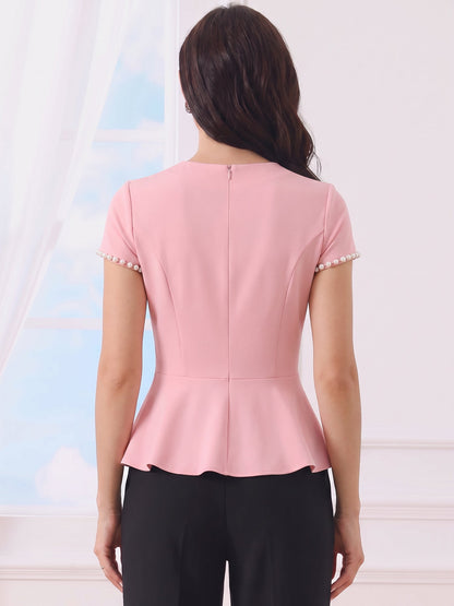 Faux Pearl Decor Cap Sleeves Peplum Blouse