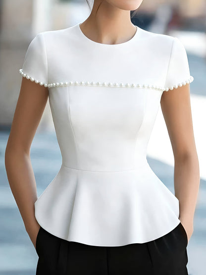 Faux Pearl Decor Cap Sleeves Peplum Blouse