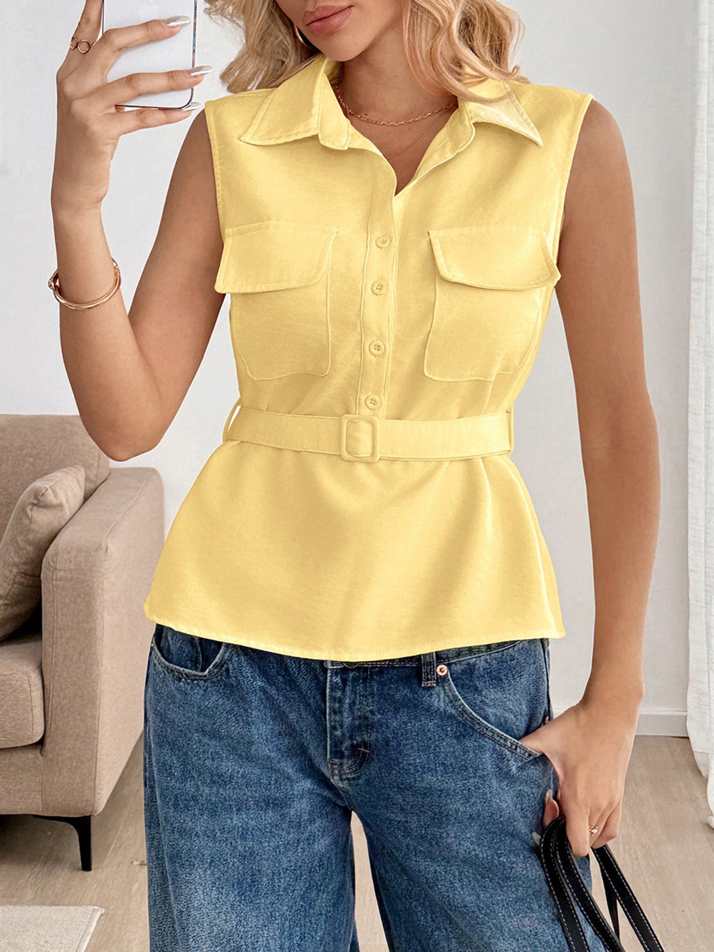 Cargo Belted Sleeveless Button Down Blouse