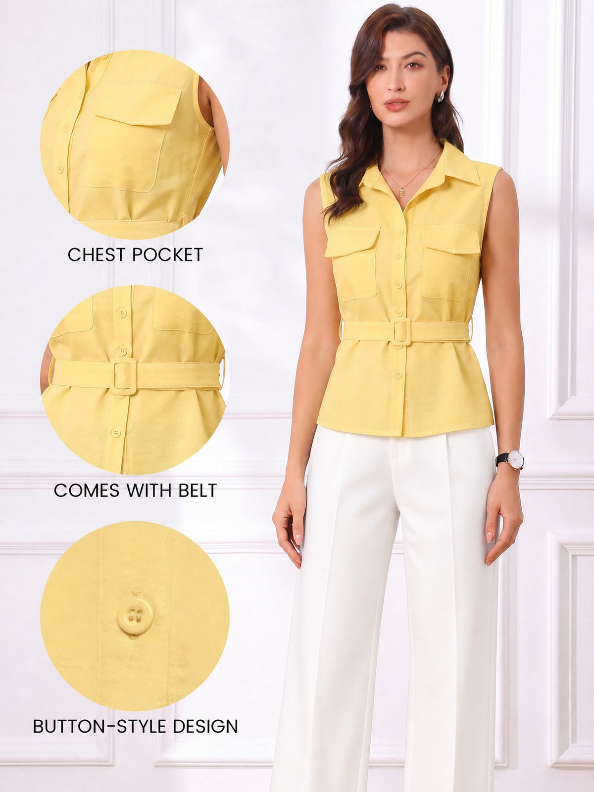 Cargo Belted Sleeveless Button Down Blouse