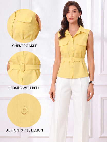 Cargo Belted Sleeveless Button Down Blouse