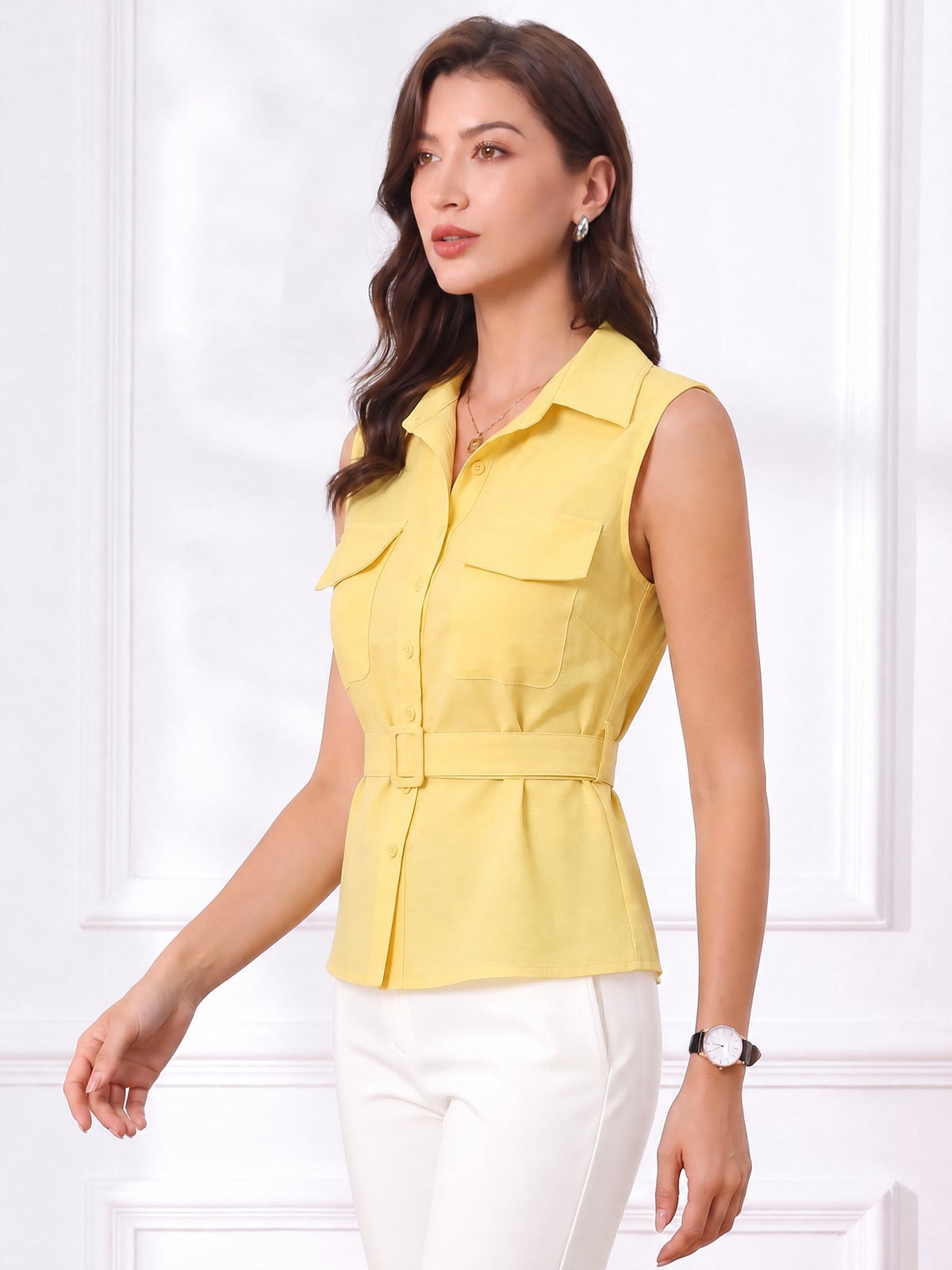 Cargo Belted Sleeveless Button Down Blouse
