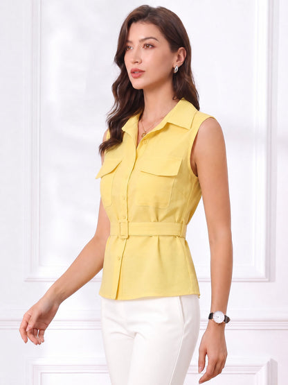 Cargo Belted Sleeveless Button Down Blouse