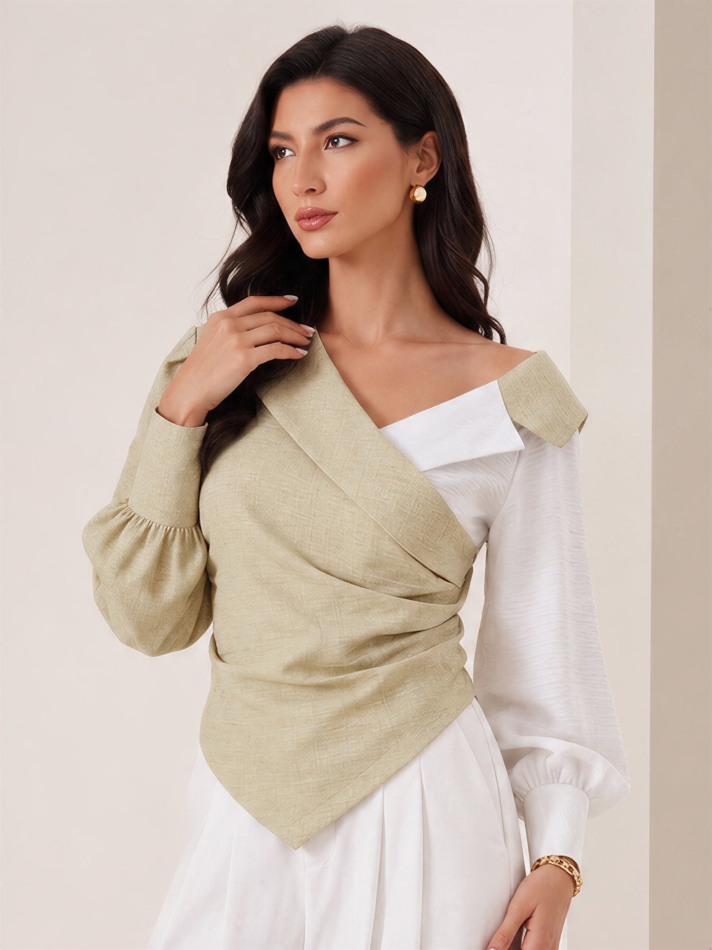 Colorblock Patchwork Puff Sleeves Ruched Blouse