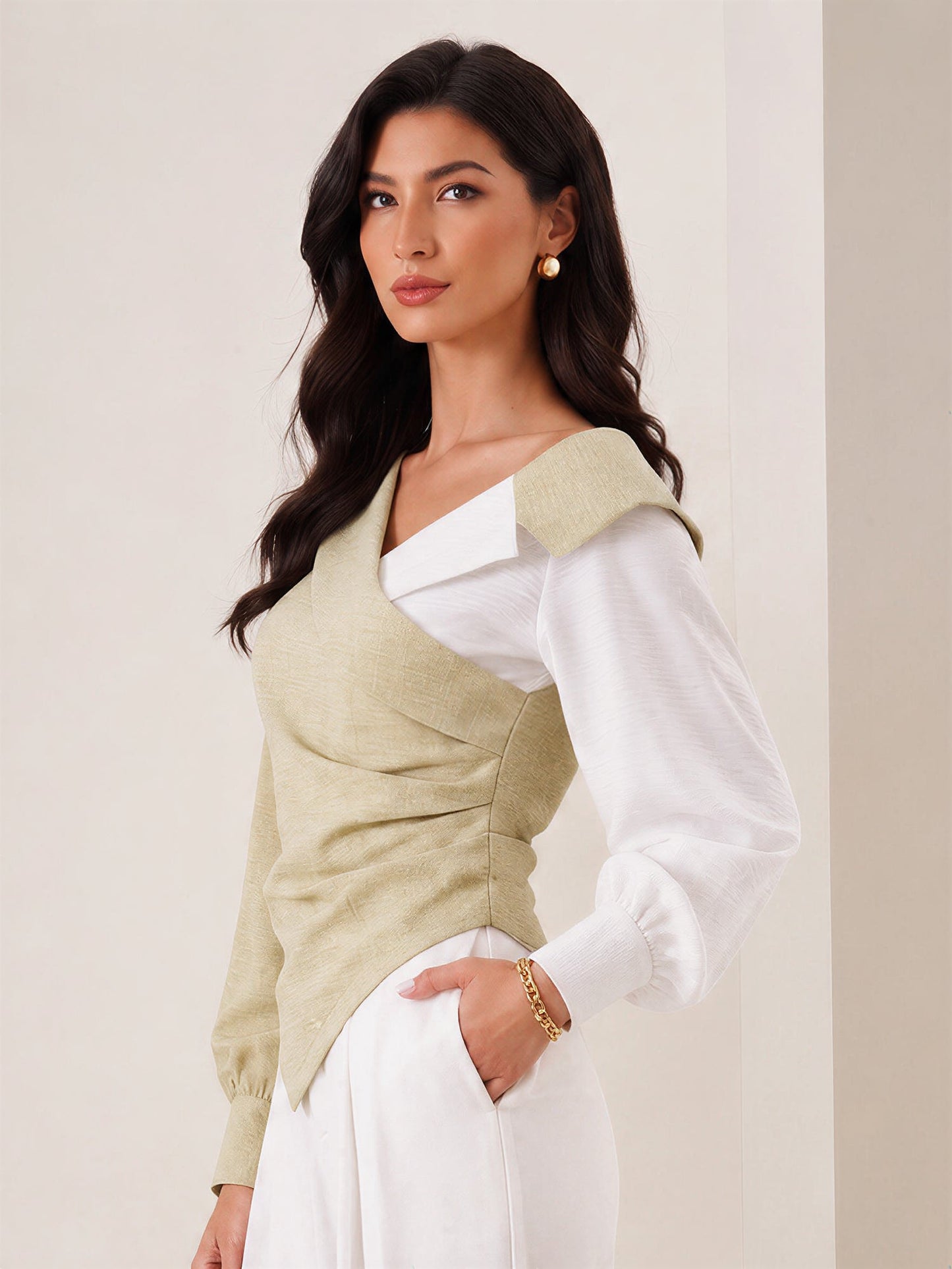 Colorblock Patchwork Puff Sleeves Ruched Blouse
