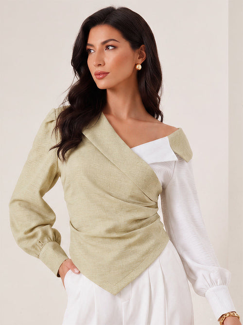 Colorblock Patchwork Puff Sleeves Ruched Blouse