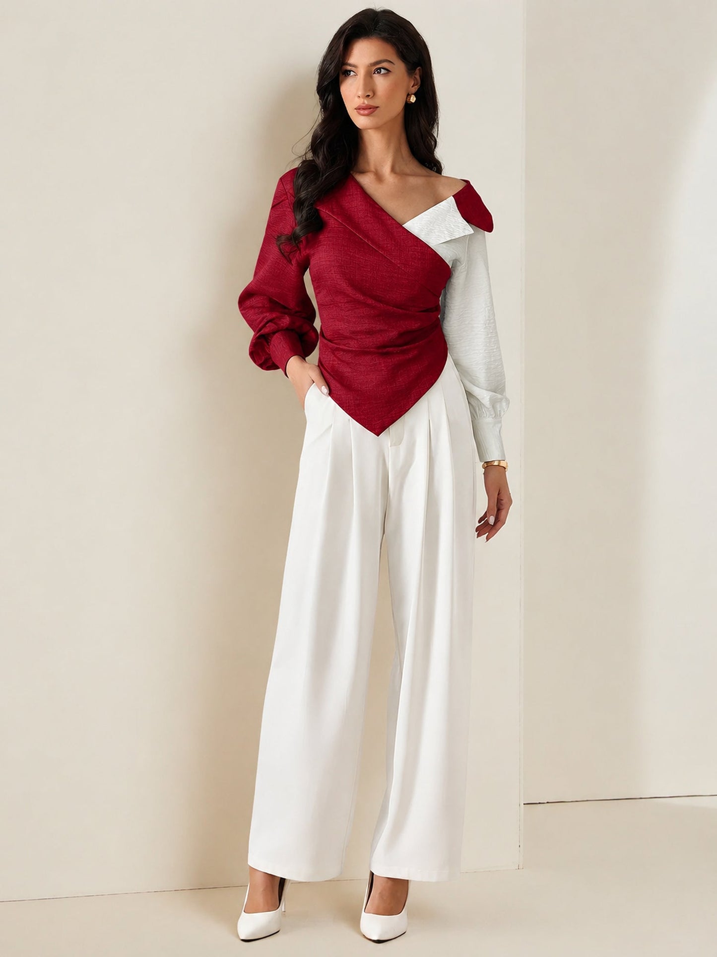 Colorblock Patchwork Puff Sleeves Ruched Blouse