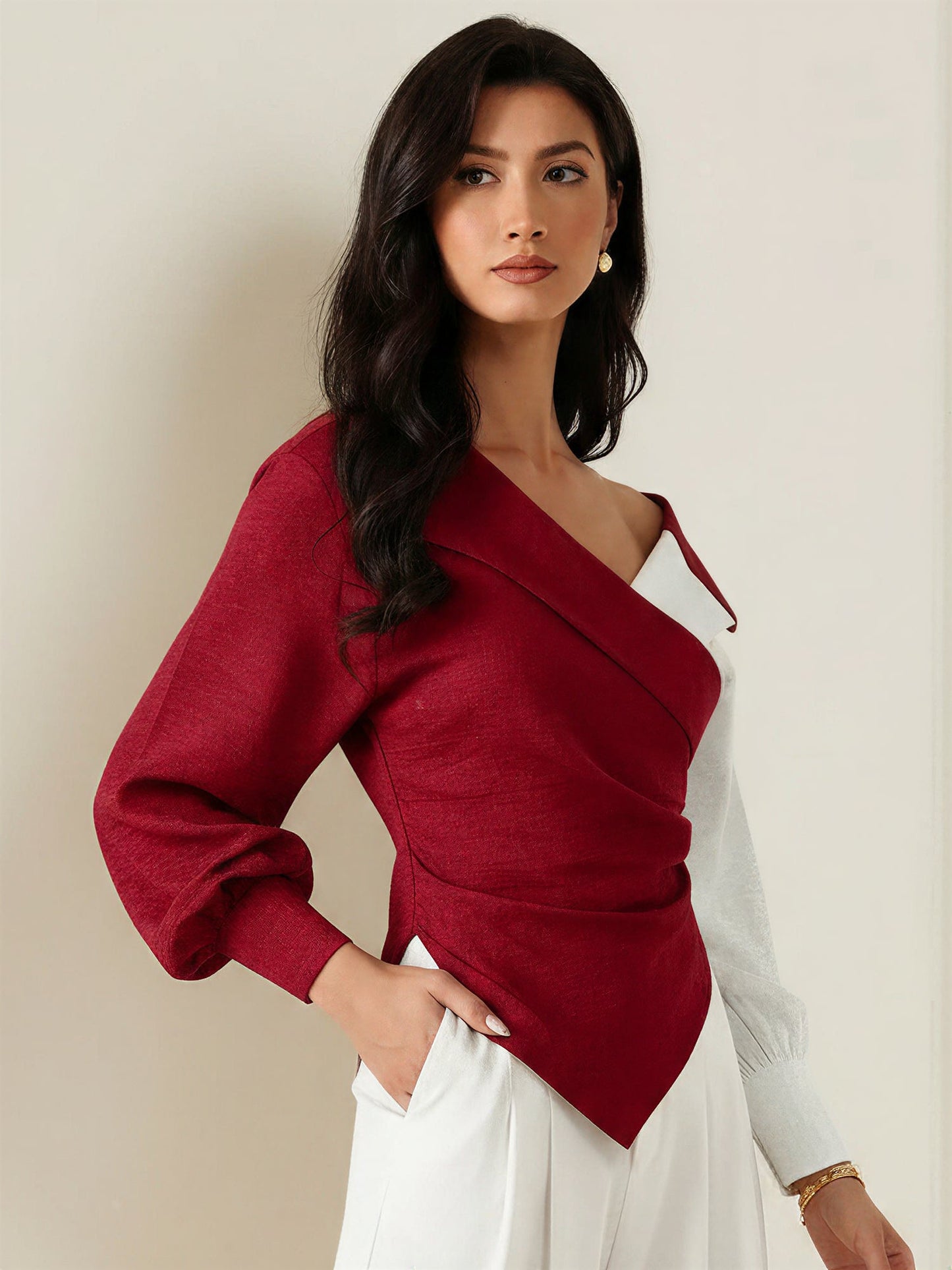Colorblock Patchwork Puff Sleeves Ruched Blouse