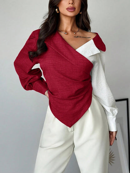 Colorblock Patchwork Puff Sleeves Ruched Blouse