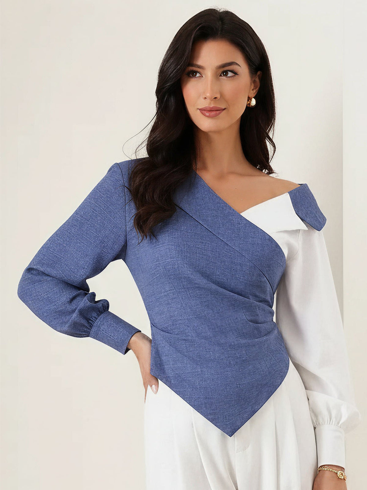 Colorblock Patchwork Puff Sleeves Ruched Blouse