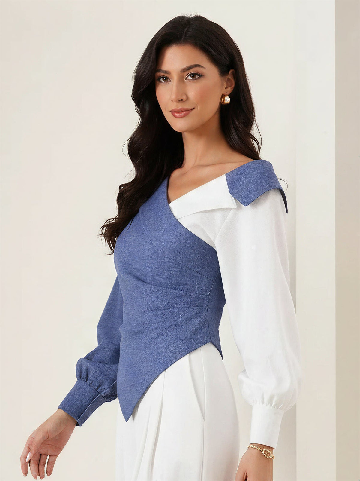 Colorblock Patchwork Puff Sleeves Ruched Blouse
