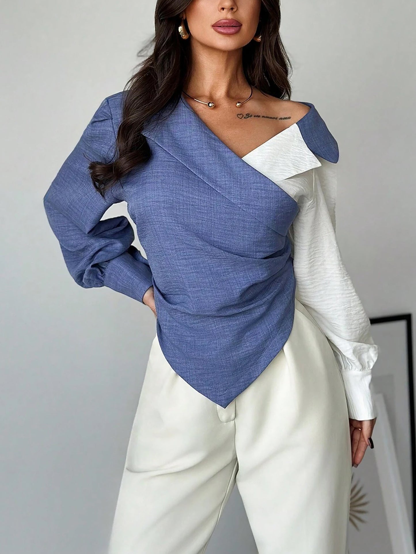 Colorblock Patchwork Puff Sleeves Ruched Blouse