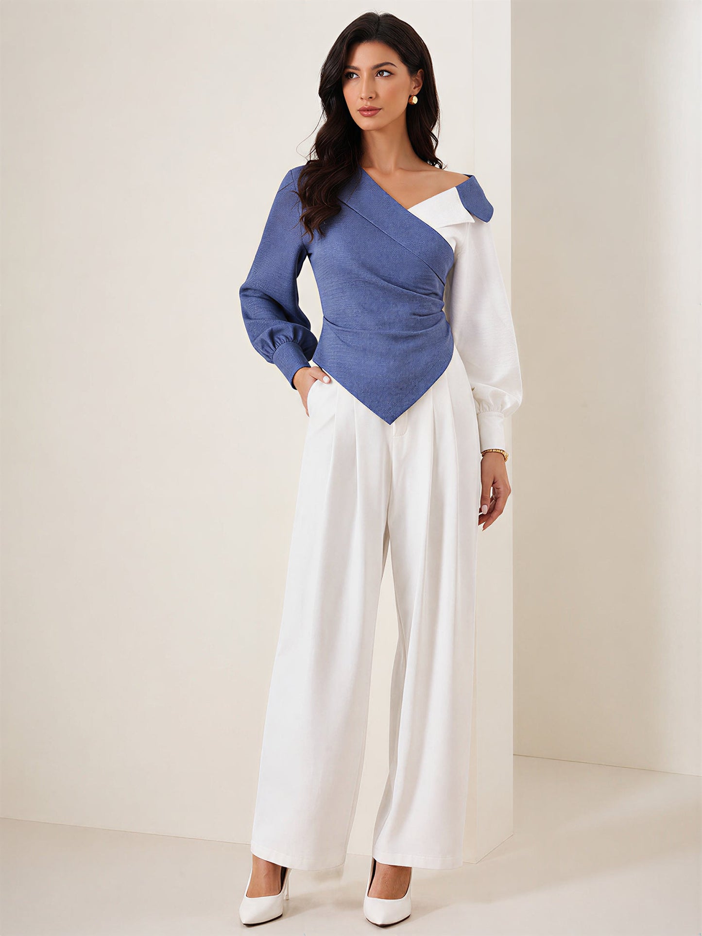 Colorblock Patchwork Puff Sleeves Ruched Blouse