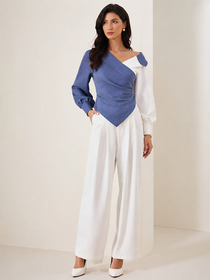 Colorblock Patchwork Puff Sleeves Ruched Blouse