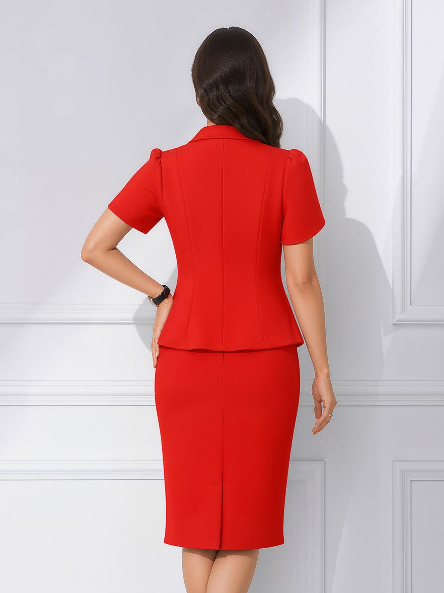 2 Pieces Petal Sleeves Double Breasted Top & Midi Pencil Skirt Work Suit Set