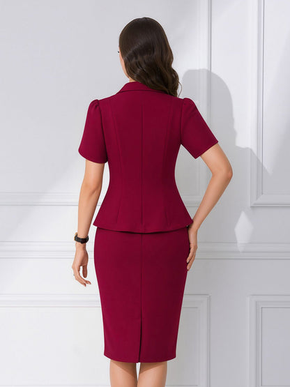 2 Pieces Petal Sleeves Double Breasted Top & Midi Pencil Skirt Work Suit Set
