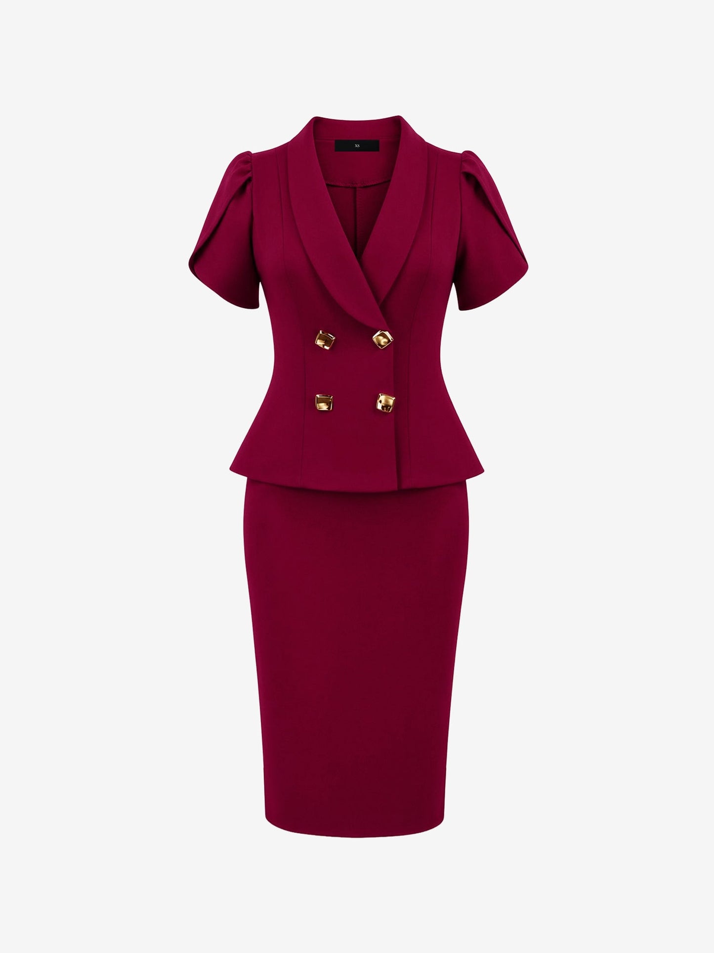 2 Pieces Petal Sleeves Double Breasted Top & Midi Pencil Skirt Work Suit Set