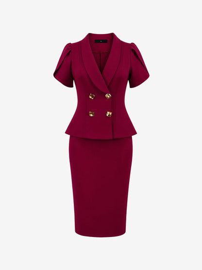 2 Pieces Petal Sleeves Double Breasted Top & Midi Pencil Skirt Work Suit Set