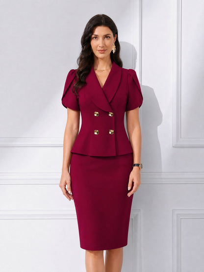 2 Pieces Petal Sleeves Double Breasted Top & Midi Pencil Skirt Work Suit Set
