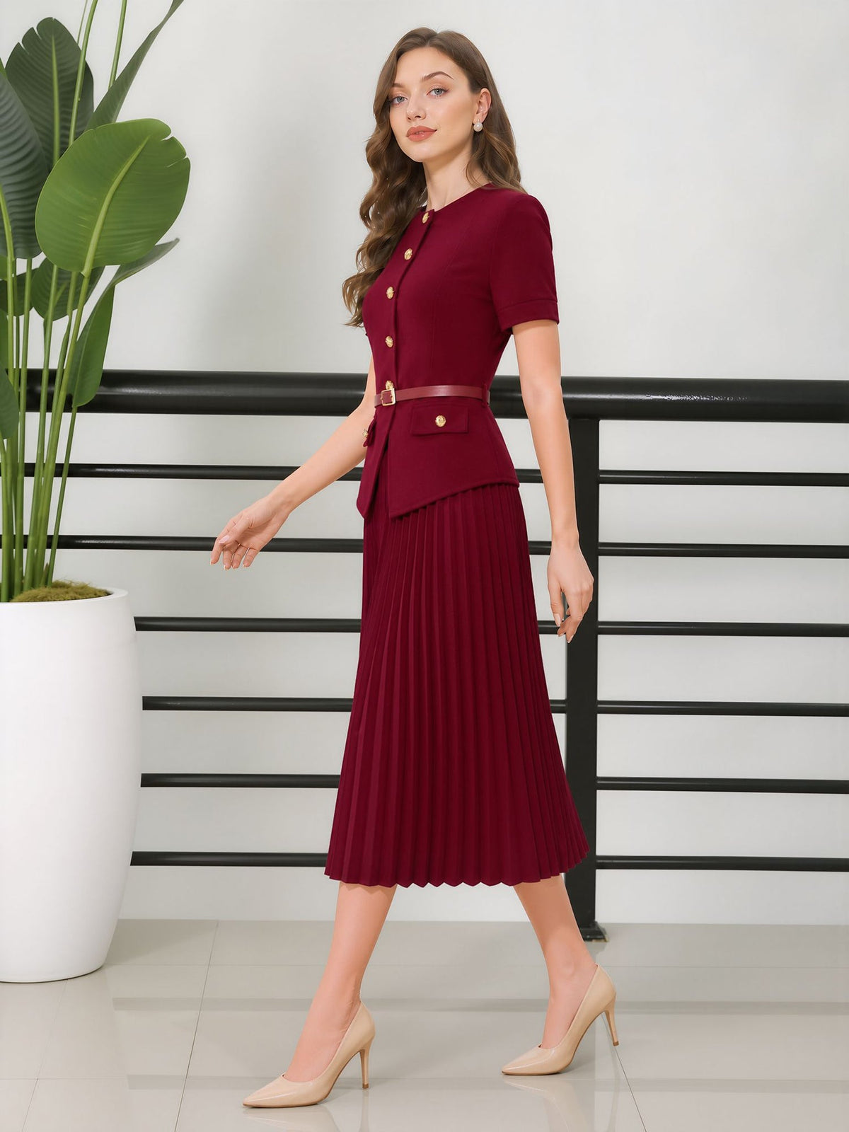 Fake Two-Piece Belted Midi Pleated Work Dress