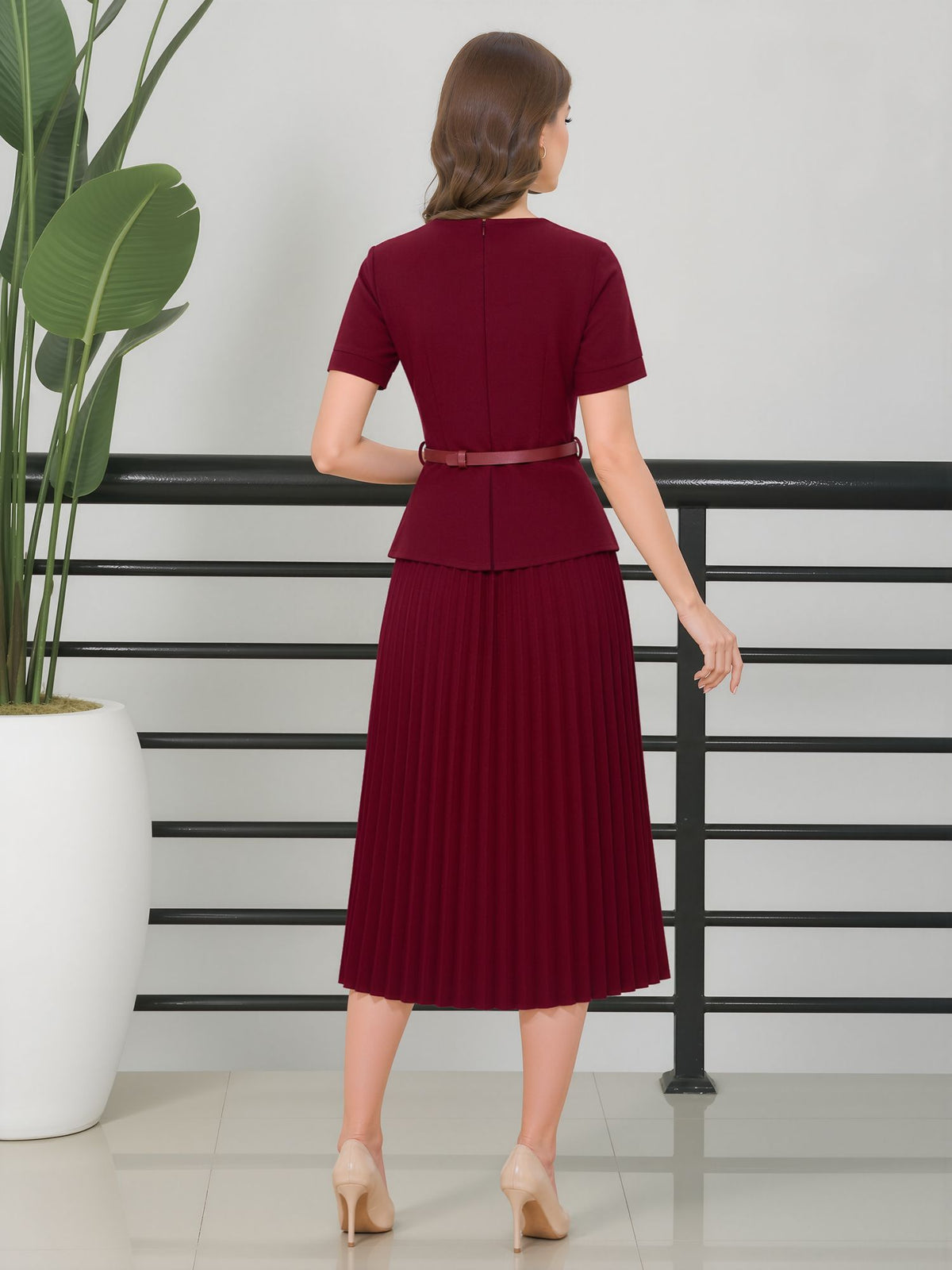 Fake Two-Piece Belted Midi Pleated Work Dress